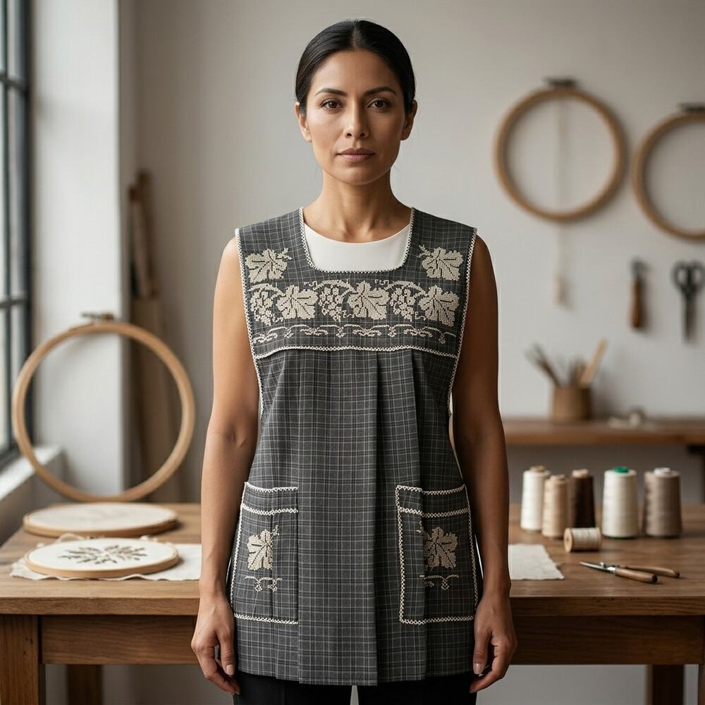 Traditional Mexican Cross-Stitch Embroidered Apron – Deluxe Artisan Smock Style